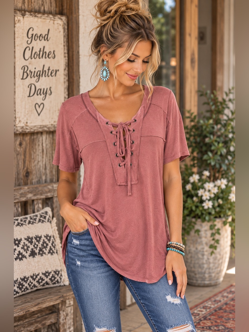 BKE Dusty Rose Lace Up Tunic Top M Raw Edge Boho Western